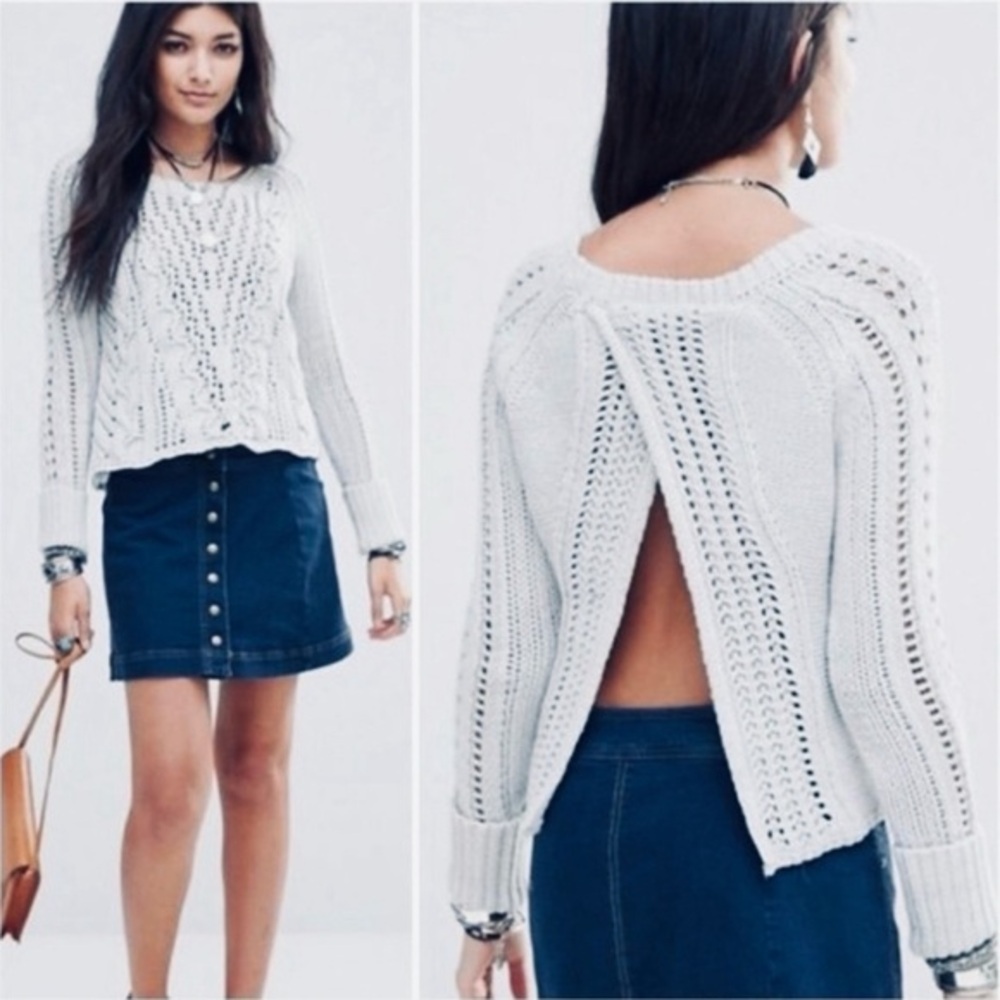 Free People Chunky Cable Knit Fisherman‎ Open Back Sweater Grey Small cropped - Picture 4 of 12